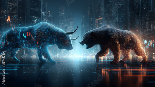 Bull vs. bear market: Bullish and bearish trends illustrated by a bull and bear facing off. Modern abstract concept for Wall Street business, finance, trading, cryptocurrency and bull market trader. 