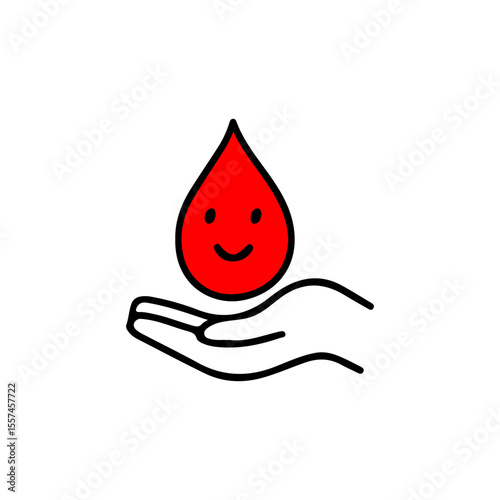 Smiling blood drop on hand, symbolizing donation and healthcare. Vector illustration for medical, charity, and wellness concepts. Perfect for blood drive, hospital, and health promotion.