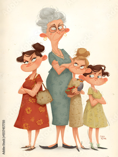 Funny cartoon illustration of four grumpy-looking women of different ages standing together with crossed arms and disapproving expressions.

