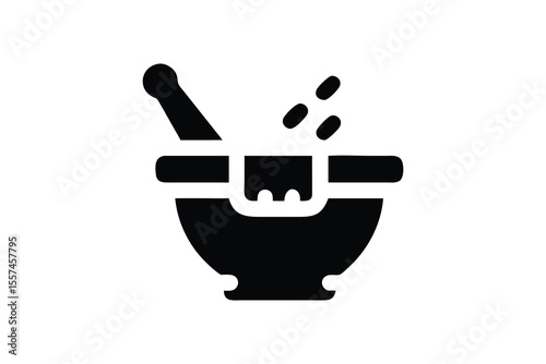 Black mortar and pestle with a falling ingredient represent herbal medicine concepts on transparent background