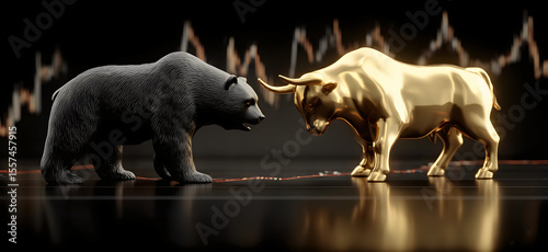 Bull vs. bear market: Bullish and bearish trends illustrated by a bull and bear facing off. Modern abstract concept for Wall Street business, finance, trading, cryptocurrency and bull market trader. 