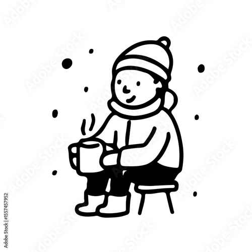 Cozy winter child sipping hot drink in snowfall, vector illustration. Perfect for holiday designs, Christmas greetings, seasonal promotions. Cute, warm, and festive elements for your projects.