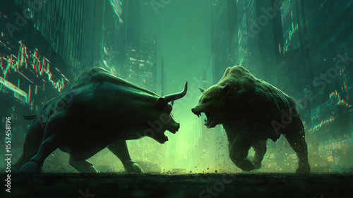 Bull vs. bear market: Bullish and bearish trends illustrated by a bull and bear facing off. Modern abstract concept for Wall Street business, finance, trading, cryptocurrency and bull market trader. 