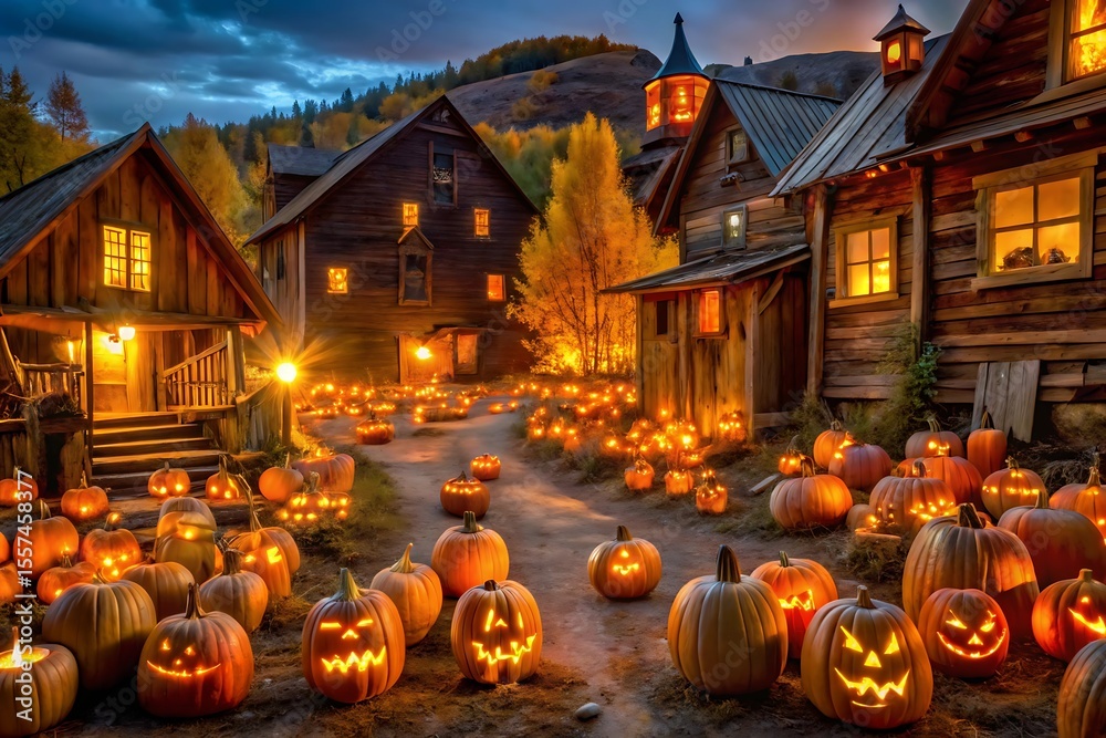 Obraz premium Halloween village with glowing jack o lanterns lining the streets at night