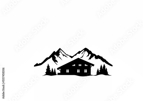 A traditional Swiss chalet in the mountains silhouette on white background