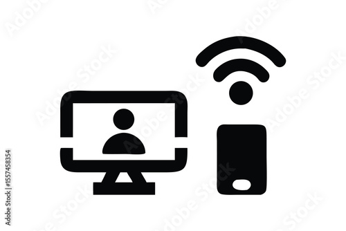 Monitor shows a person icon as a smartphone connects to wifi, all in black