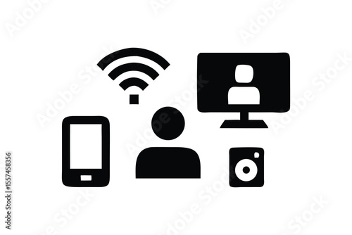 Black device icons show connection between phone, screen, user and camera