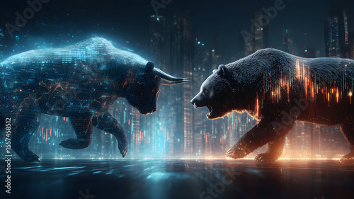 Bull vs. bear market: Bullish and bearish trends illustrated by a bull and bear facing off. Modern abstract concept for Wall Street business, finance, trading, cryptocurrency and bull market trader. 