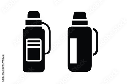 Two black thermos containers with white labels and handles stand on white background