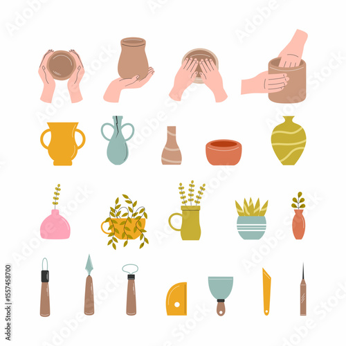 Set of pottery themed doodle elements.