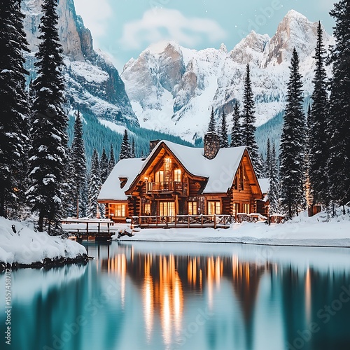 Winter retreat: cozy cabin reflections on pristine lake amidst snowy mountains