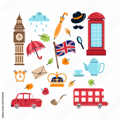 Set illustrations on theme of England. postcard decoration element.