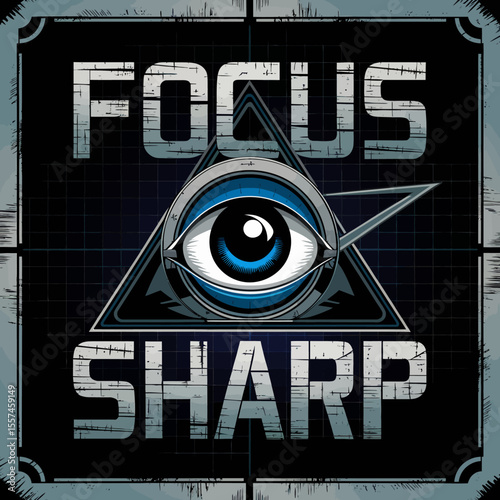 Focus sharp eye symbolism in a triangle with grunge text and grid background