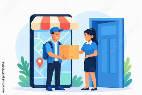 Delivery service illustration depicts a courier handing a package to a customer outside their door, symbolizing efficiency and convenience.