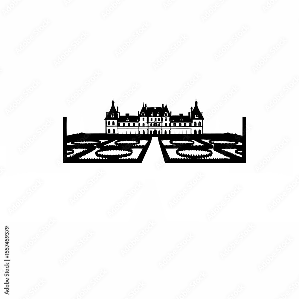 Fototapeta premium A vector of a French château with manicured gardens on white background