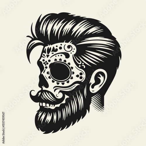 Black and white flat vector illustration of a bearded skull decorated with traditional Dia de los Muertos facial patterns. Bold silhouette design, perfect for Day of the Dead themes.