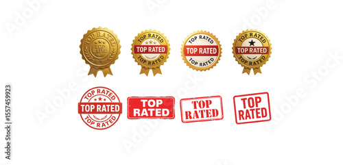 Collection of Gold and Red Top Rated Badges and Stamps, Premium Quality Design Elements