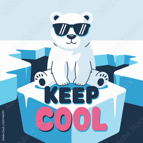 A cool polar bear wearing sunglasses sits on an ice floe with the words keep cool written below it
