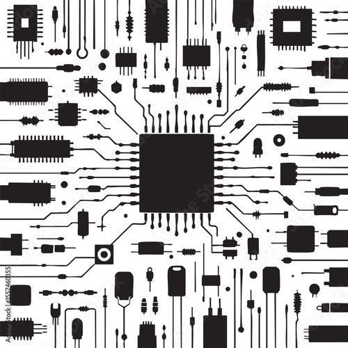 Vector EPS Circuit Board Illustration with Microchip and Electronic Components for Tech and Engineering Applications