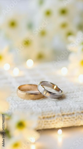 Two wedding rings gold and silver on a white knitted blanket surrounded by white flowers and bokeh lights symbolising love and commitment.