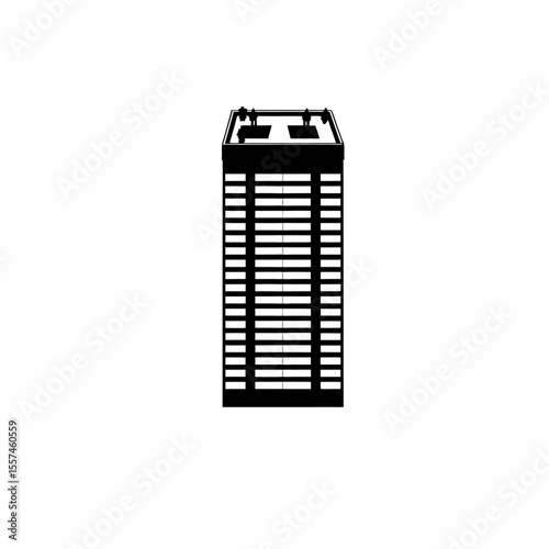 A vector of a residential skyscraper with rooftop amenities silhouette on white background
