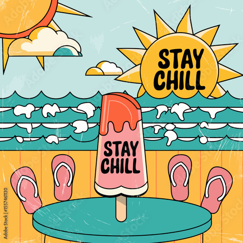 Enjoy a refreshing popsicle and flip flops on a sunny day at the beach with the message stay chill