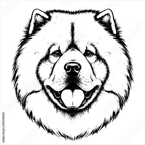  head chow chow dog pet portrait engraving intricate retro hand drawn style line art black and white vector illustration, isolated on white background