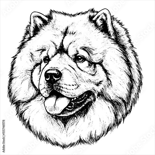 head chow chow dog pet portrait engraving intricate retro hand drawn style line art black and white vector illustration, isolated on white background