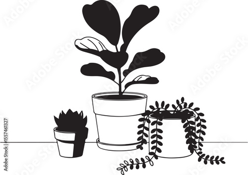 Charming Trio of Potted Plants A Minimalist Black and White Illustration of Indoor Greenery Bringing Nature Inside