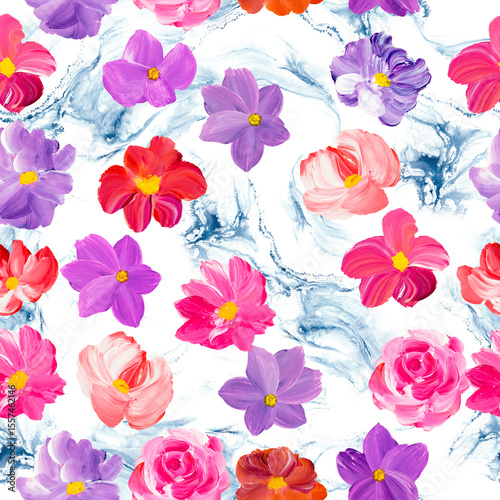 Seamless pattern of abstract purple, red and pink flowers, original hand drawn, impressionism style, color texture, brush strokes of paint, art background