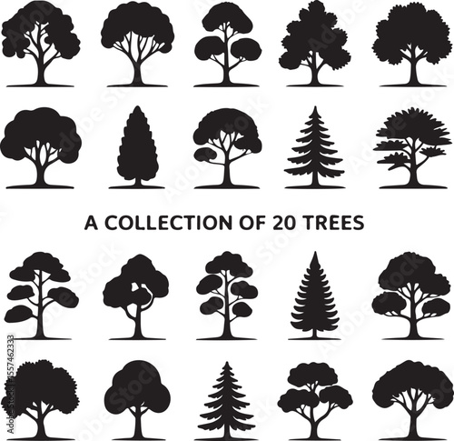 A Diverse Collection of Tree Silhouettes Twenty Unique Designs for Nature Inspired Art and Designs in Black and White
