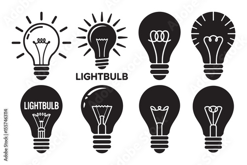 Collection of eight black and white light bulb icons