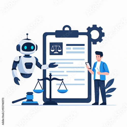 AI legal assistance offers robotic advice with digital documents and a human client using technology for law, creating access to justice.