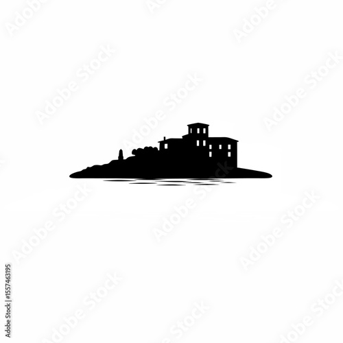 A vector of an Italian villa overlooking the sea silhouette on white background