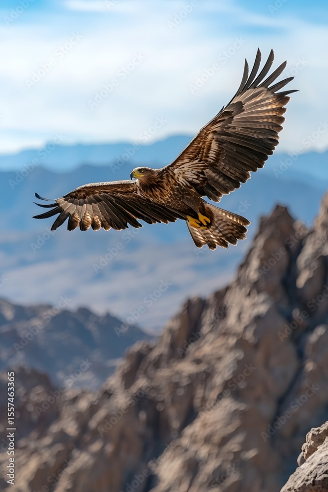 Fototapeta premium The majestic eagle soars high in the sky, bathed in soft sunlight
