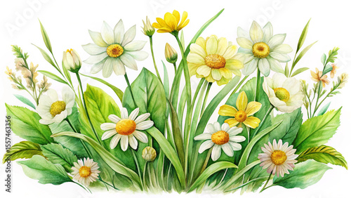 A vibrant watercolor painting of a lush bouquet of white and yellow daisies with green leaves, creating a cheerful summer meadow scene