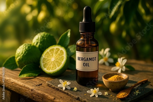 Bergamot Essential Oil with Fresh Citrus and Green Leaves