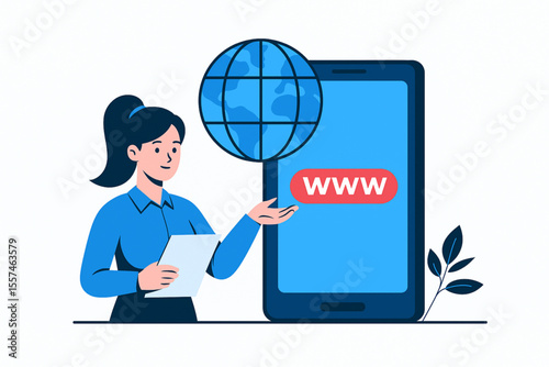 Businesswoman presenting website services using a mobile device and a global network, ideal for online business and communication themes.