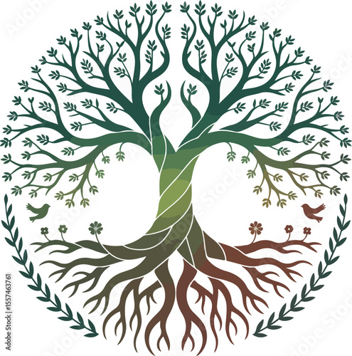 Symbolic Tree of Life Artwork Representing Interconnection of All Living Things and Harmony in Nature with Birds and Foliage
