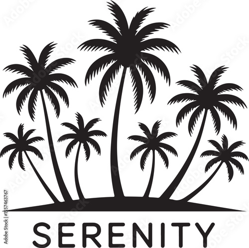 Tropical Serenity A Silhouette of Palm Trees Against a White Background with the Word Serenity Written Below the Trees