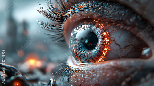 Ethereal eye close-up futuristic city digital art sci-fi environment macro viewpoint vision of tomorrow