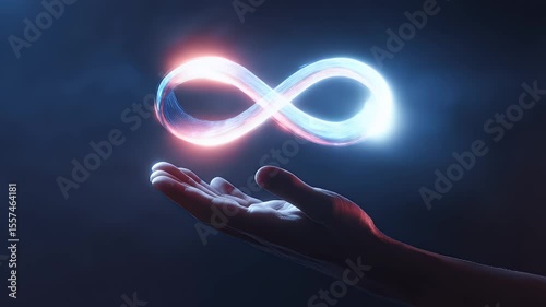 A glowing infinity symbol hovers above an outstretched hand against a dark, ethereal background