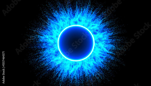 An abstract powder explosion in vibrant blue and cyan tones on a dark background