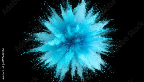 An abstract powder explosion in vibrant blue and cyan tones on a dark background