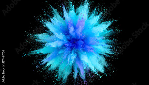 An abstract powder explosion in vibrant blue and cyan tones on a dark background