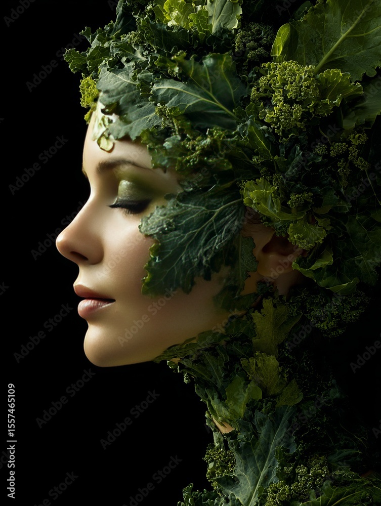 Woman's face merged with leafy greens in dark artistic profile portrait, concept of nature and beauty. Woman's face merged with leafy greens in dark artistic profile portrait, concept of nature and beauty.