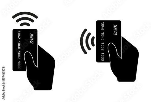 A hand holding a credit debit card. NFC contactless wireless payment logo. Credit card or nfc mobile payment icon. Flat design. EPS10 vector illustrations