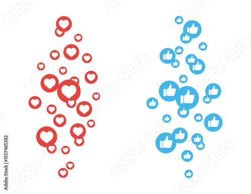 Likes to fly up for stories and live broadcasts. Blue, red bubble with a thumbs up on social media. Set of social media reaction icons - floating hearts, thumbs up. EPS10 vector illustrations