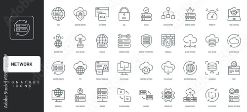 Data center and online network security, DNS and FTP thin black outline symbols vector illustration. Web hosting, server and database settings, domain and firewall, cloud backup line icon set.