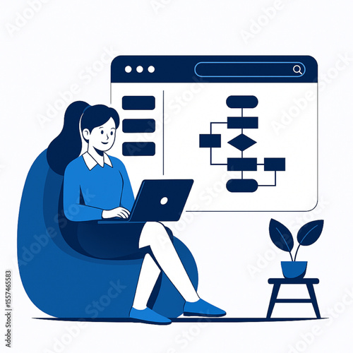 Woman works on a laptop while sitting on a beanbag chair, reviewing a flowchart and creating code, an illustration in blue and white.